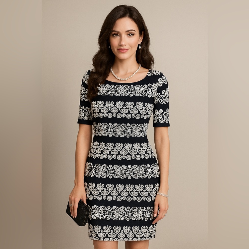Tiana B. Black and White Patterned Dress